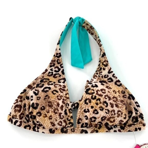 Reversible Halter Tie Bikini Top Junior Sz S Tan Black Animal Print Teal FLAW - Picture 5 of 15